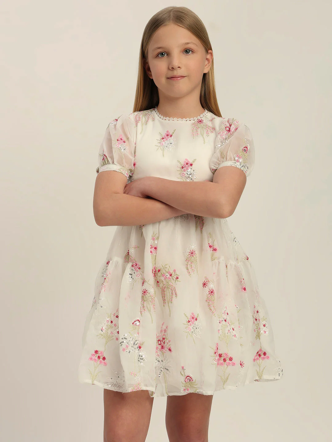 Girls Floral Puff-Sleeves Dress - Image 2