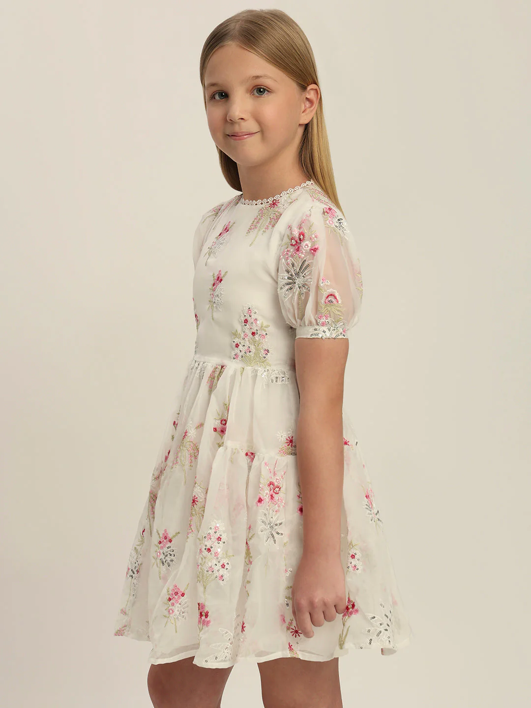 Girls Floral Puff-Sleeves Dress - Image 3