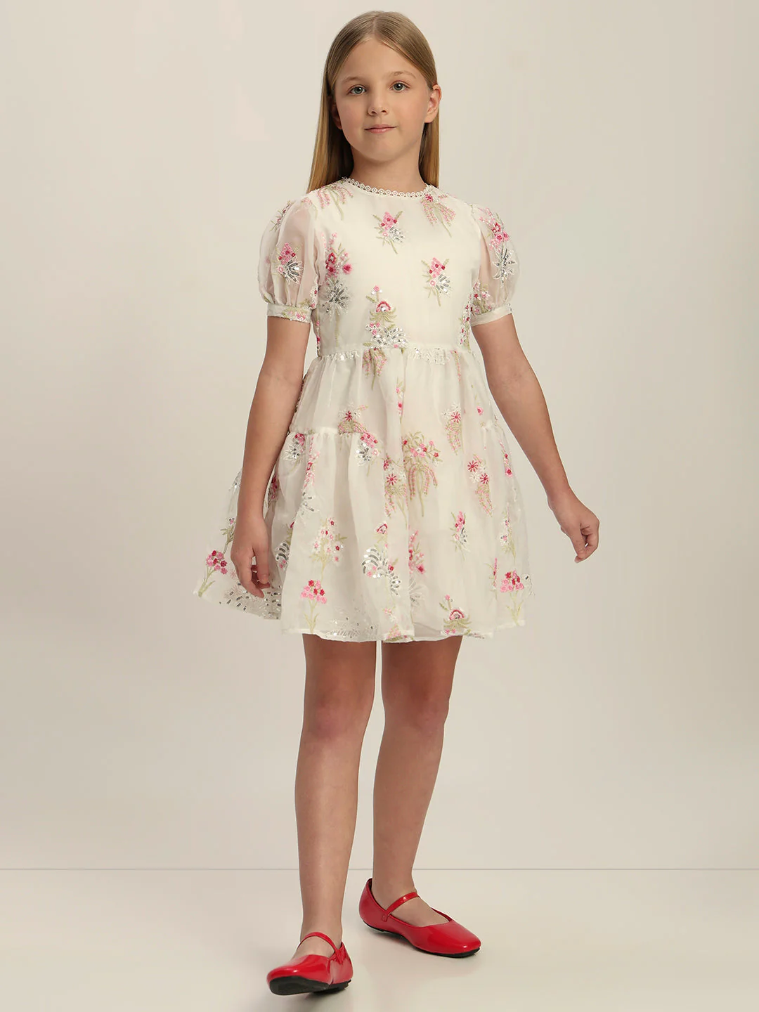 Girls Floral Puff-Sleeves Dress - Image 5