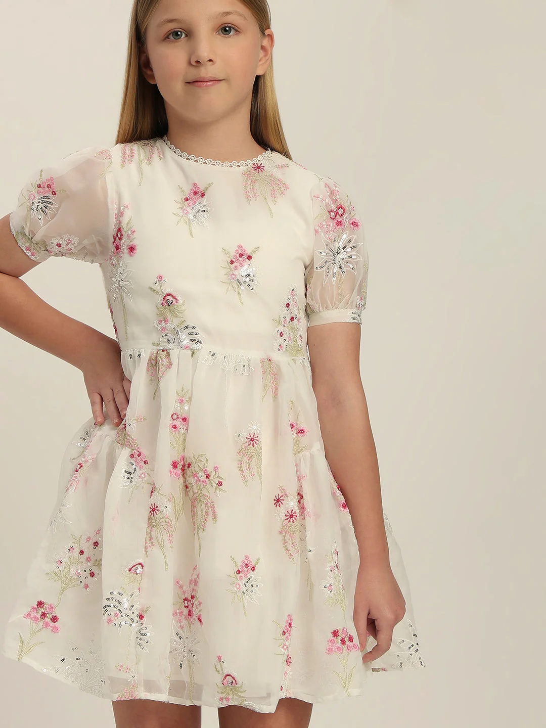 Girls Floral Puff-Sleeves Dress - Image 6