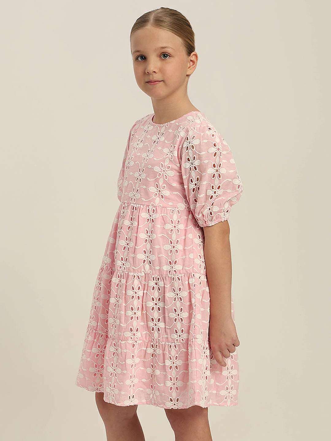 GIRLS Pink Embroidered Cotton Dress - Image 3