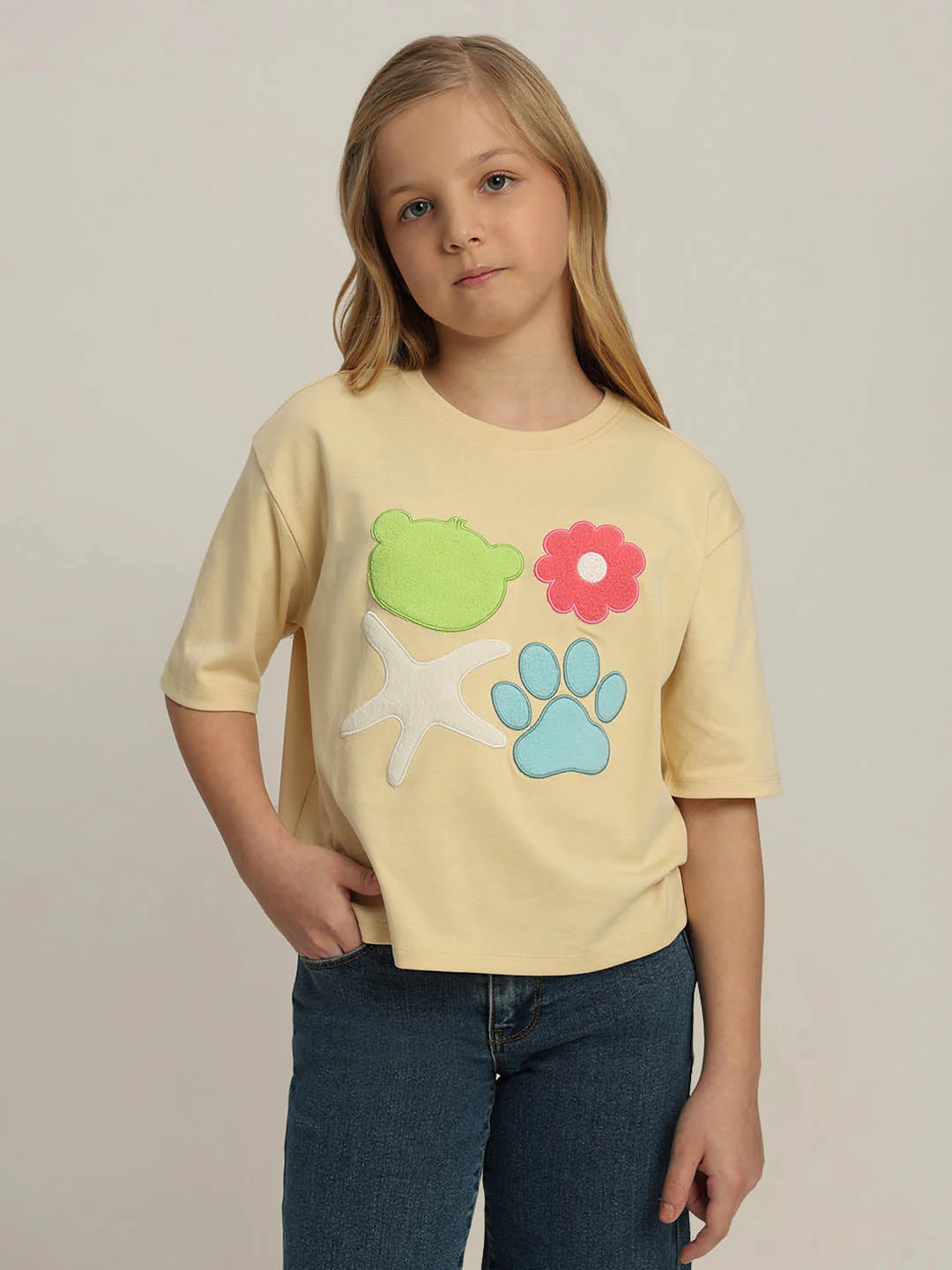GIRLS Yellow Printed Cotton T-shirt - Image 2