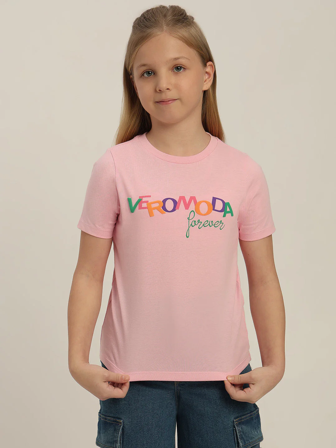 GIRLS Pink Printed Cotton T-shirt - Image 2