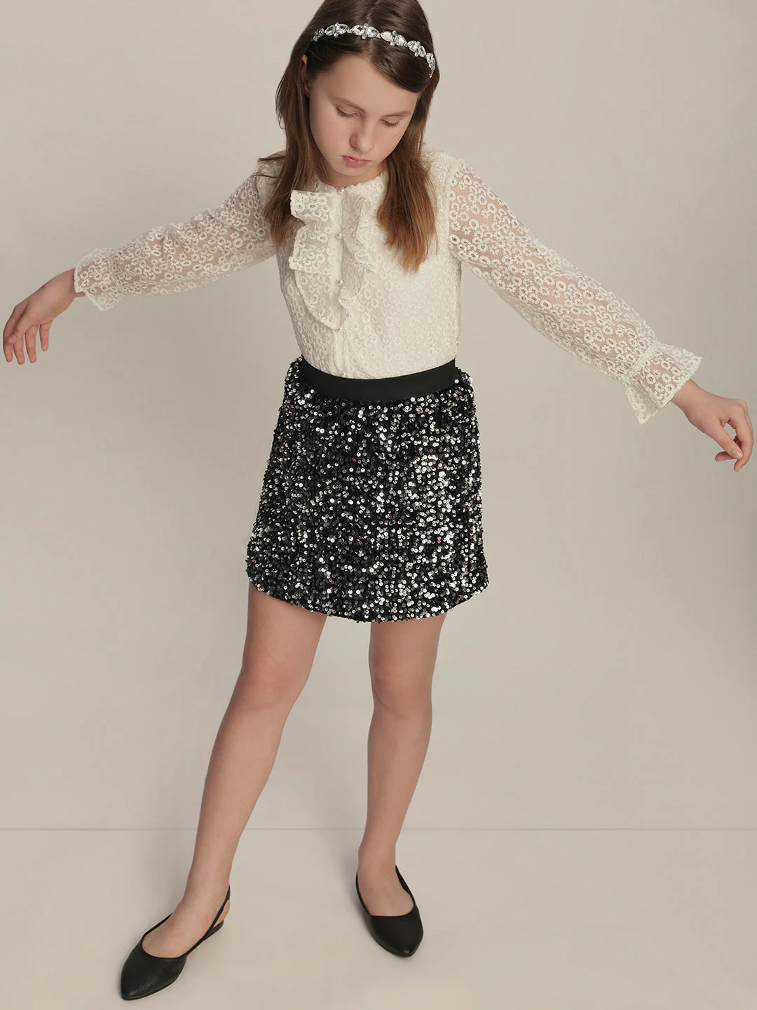 Girls Off-White Lace Ruffle Top