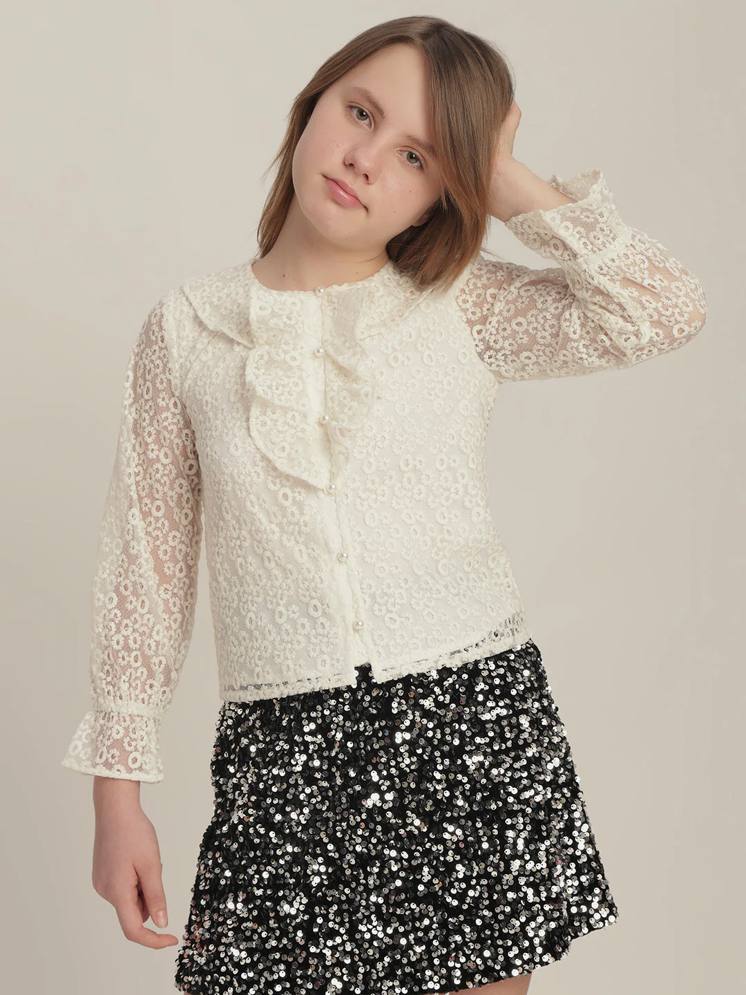 Girls Off-White Lace Ruffle Top - Image 2