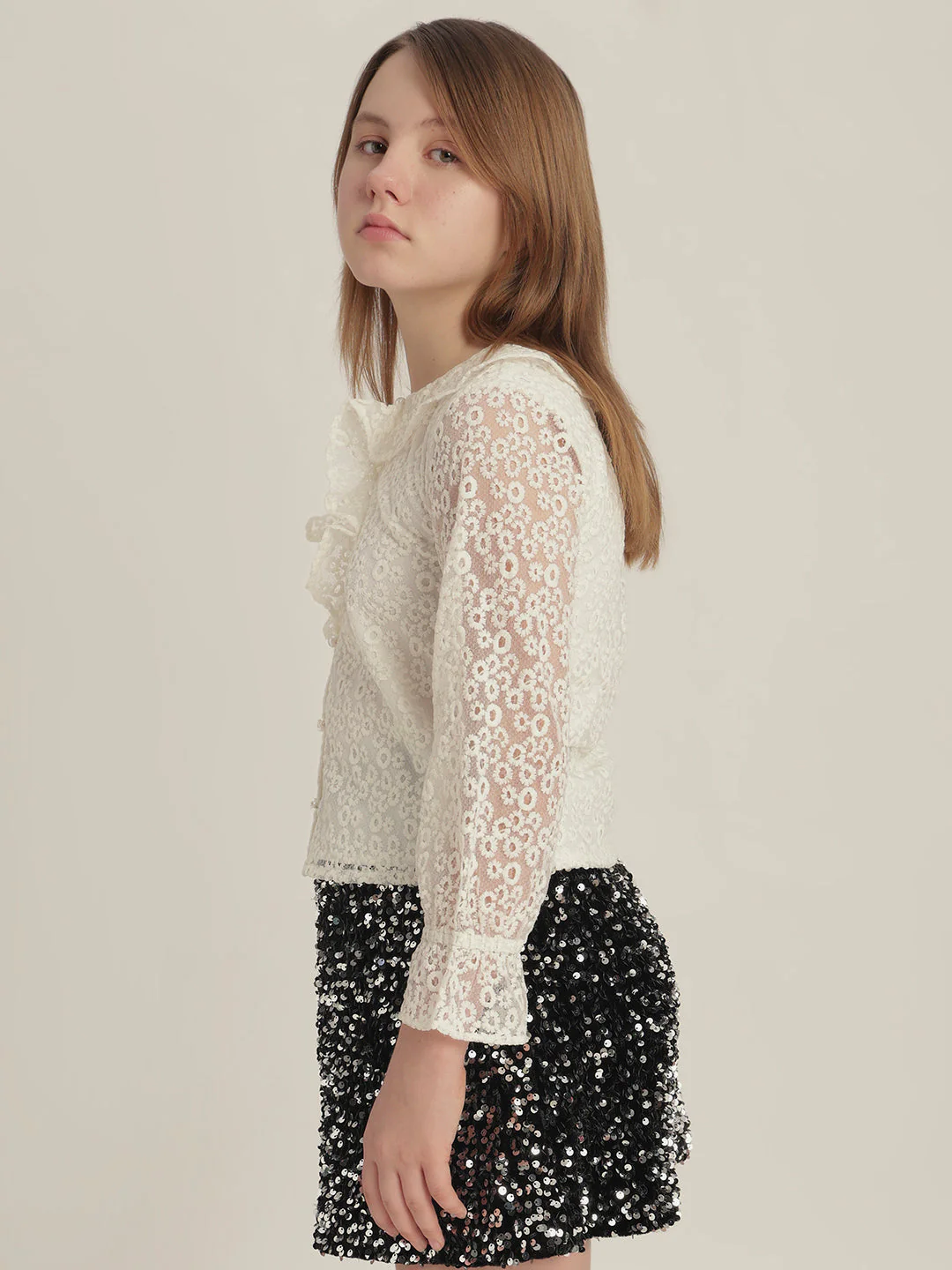 Girls Off-White Lace Ruffle Top - Image 3