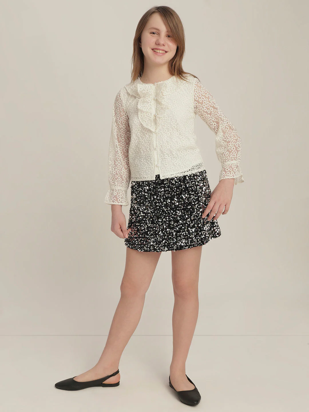 Girls Off-White Lace Ruffle Top - Image 5