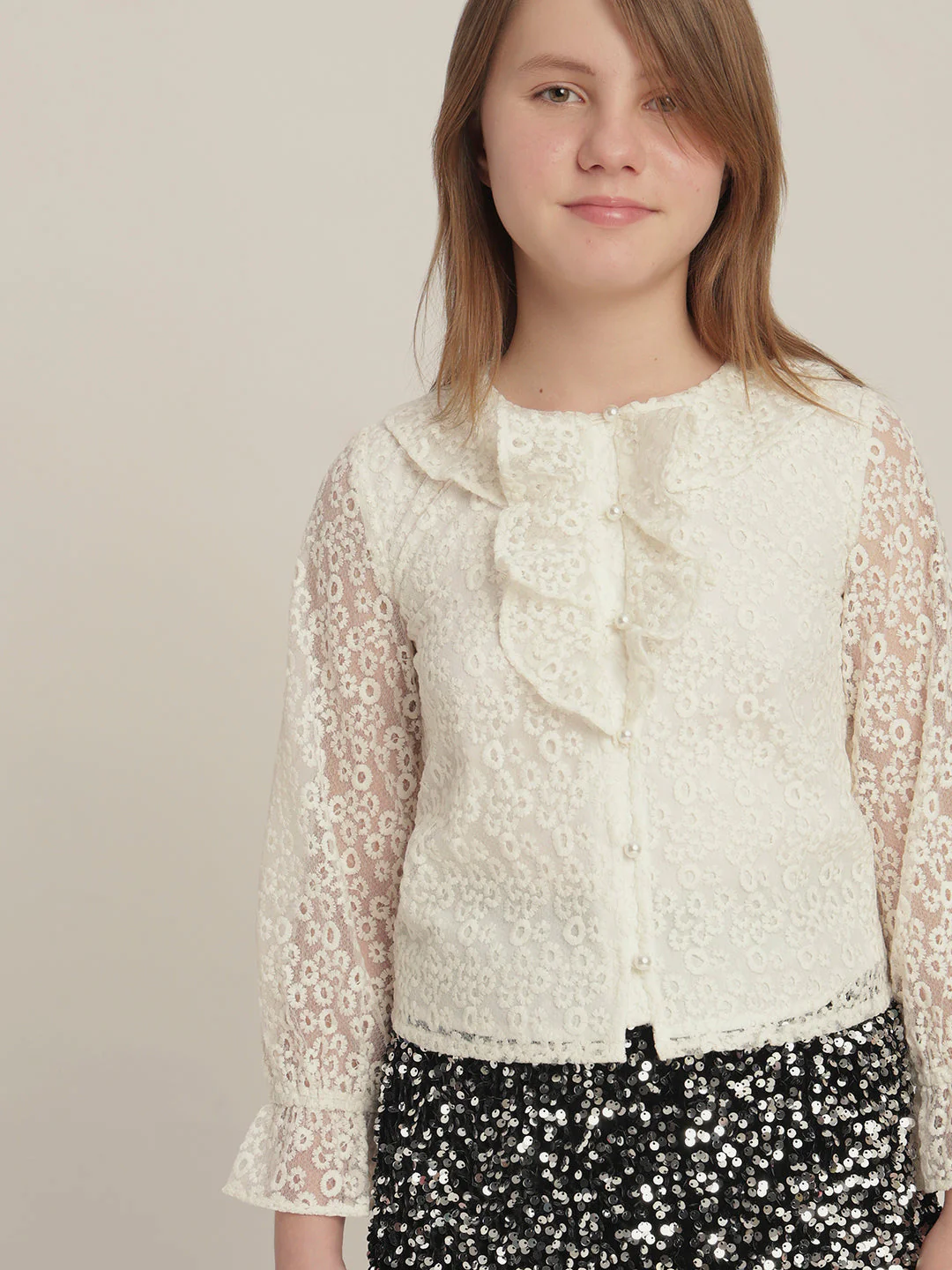 Girls Off-White Lace Ruffle Top - Image 6