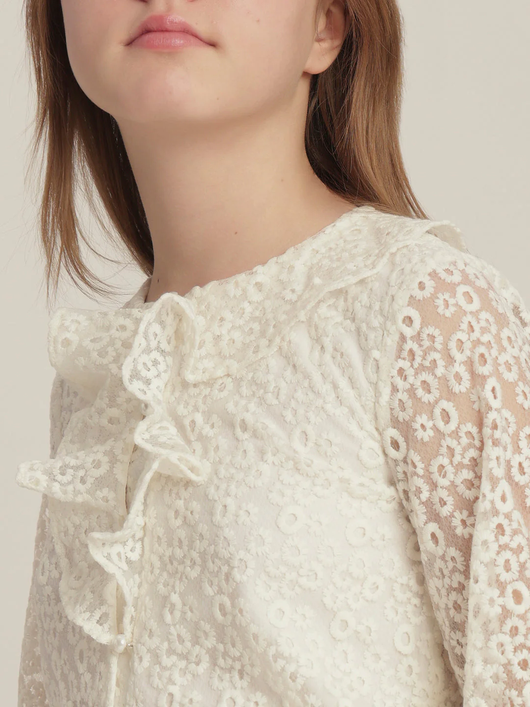 Girls Off-White Lace Ruffle Top - Image 8