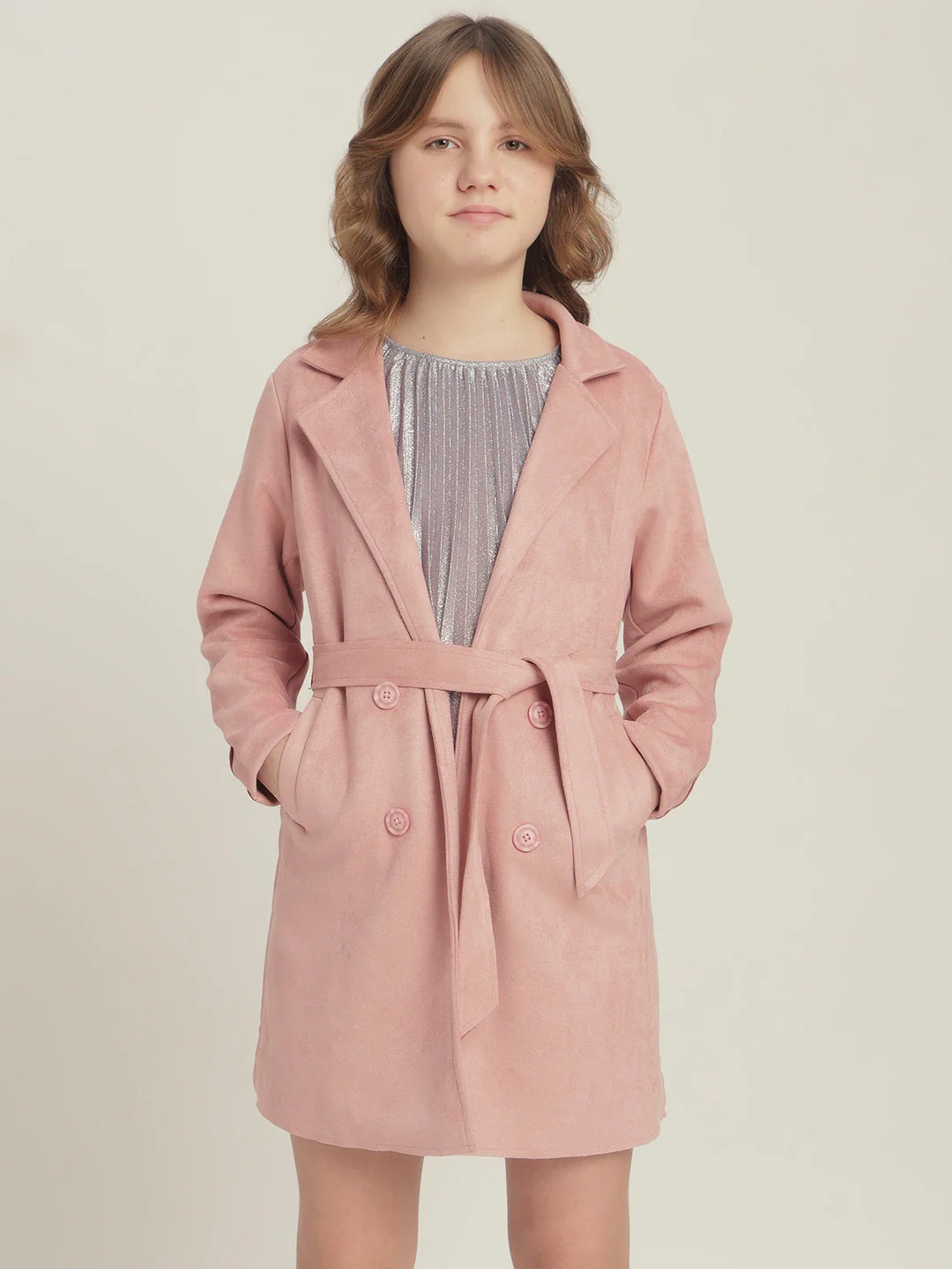 Girls Pink Belted Trench Coat - Image 2