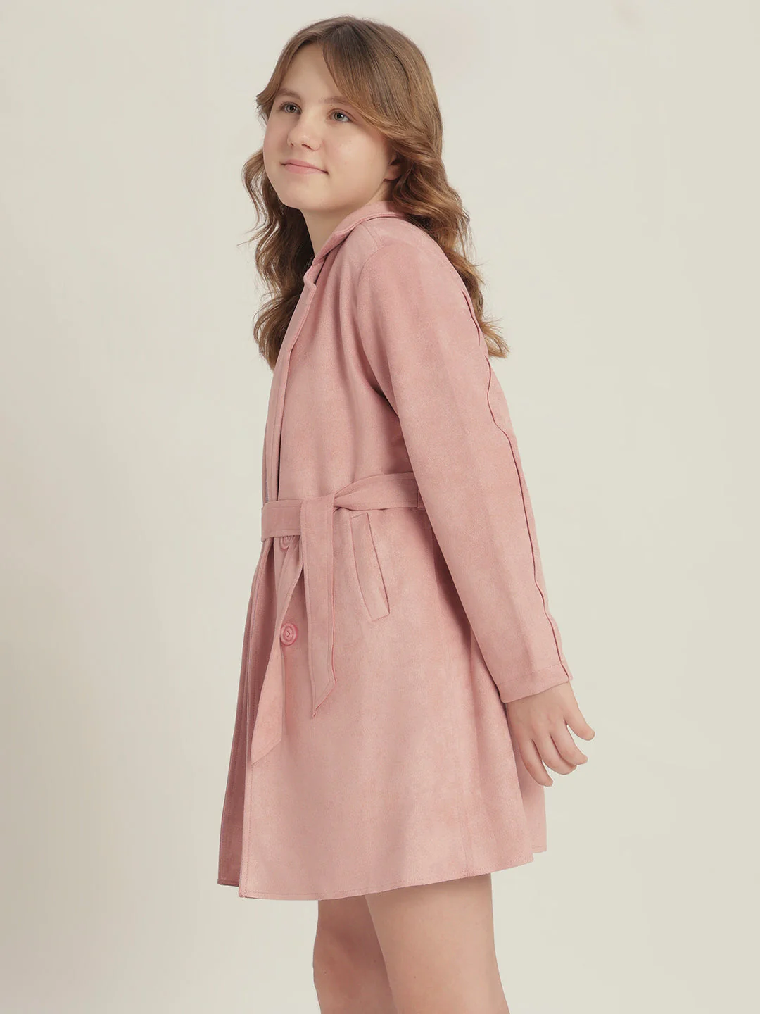 Girls Pink Belted Trench Coat - Image 3