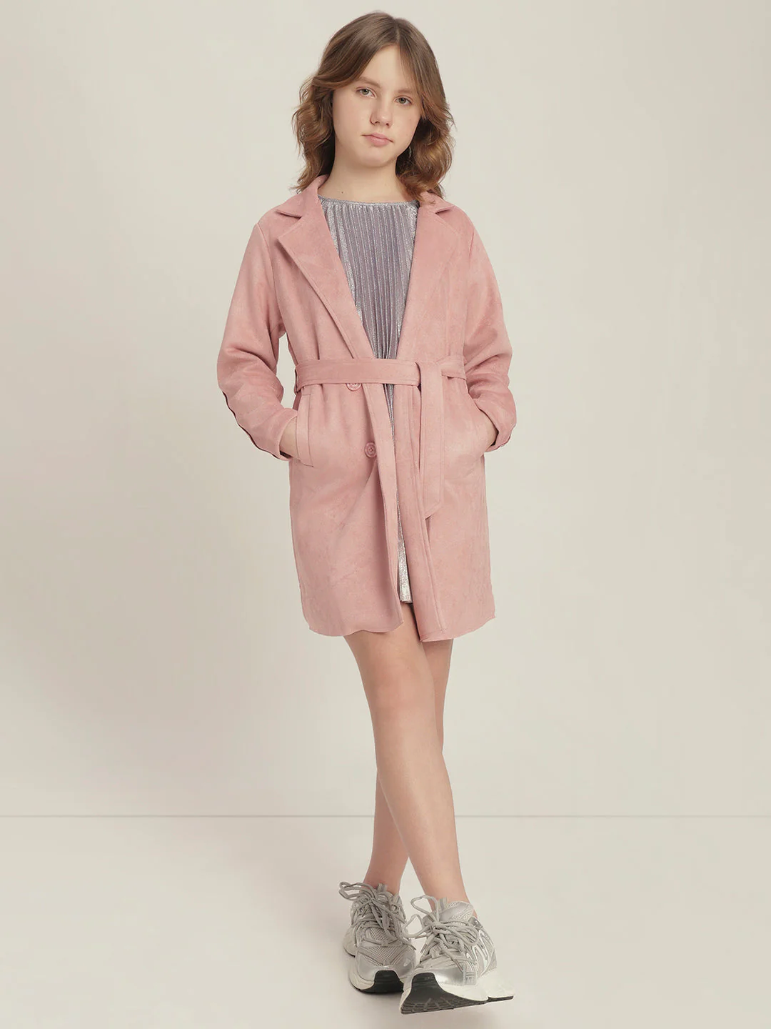 Girls Pink Belted Trench Coat - Image 5