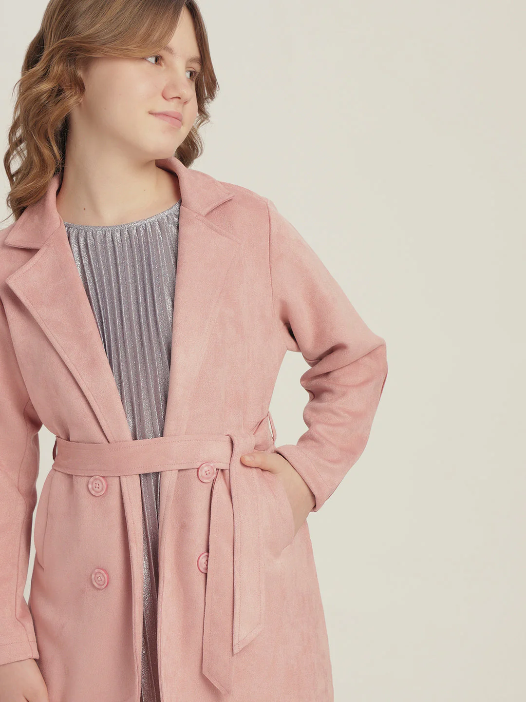 Girls Pink Belted Trench Coat - Image 6