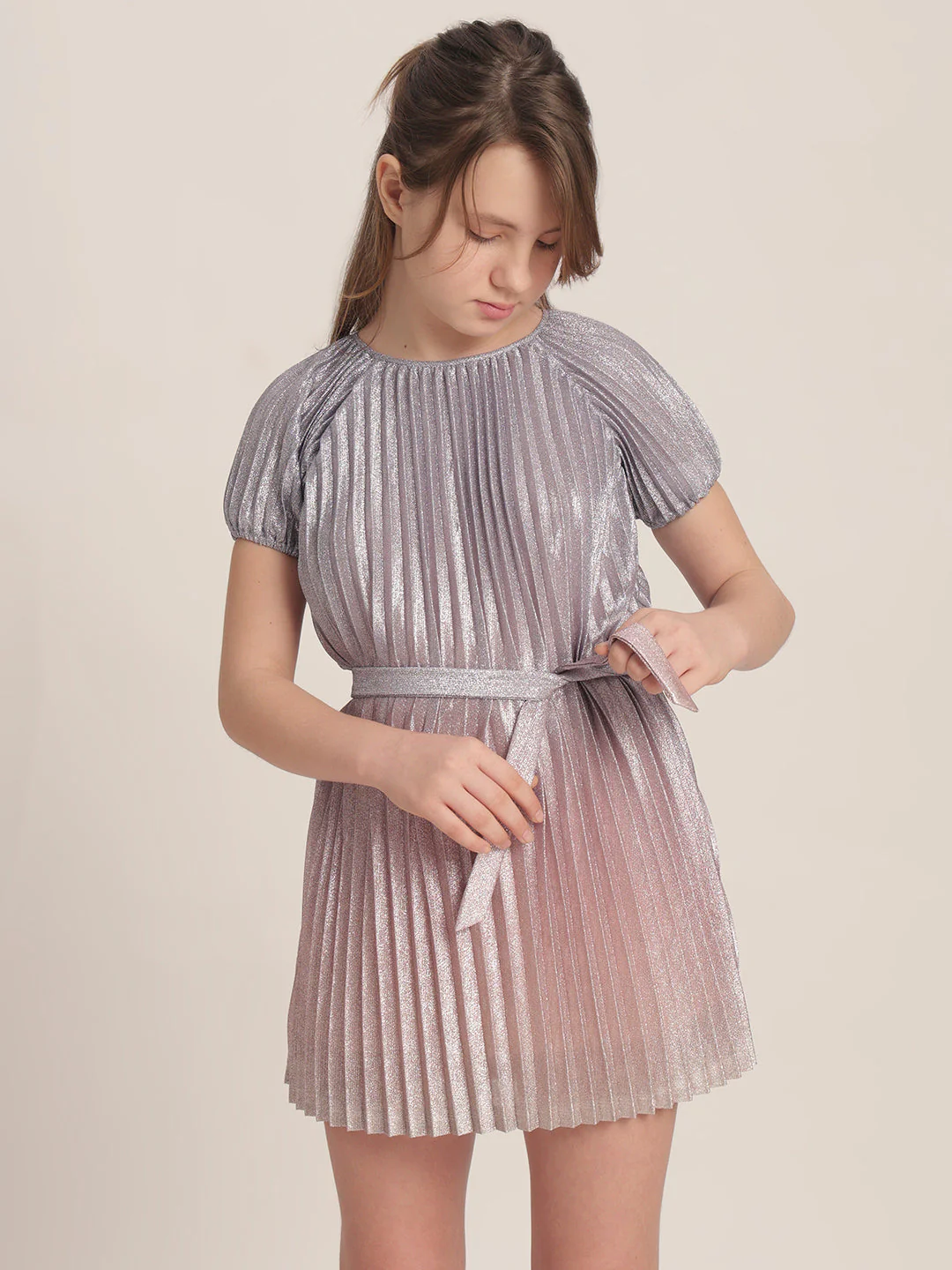 Girls Pleated Metallic Dress - Image 2