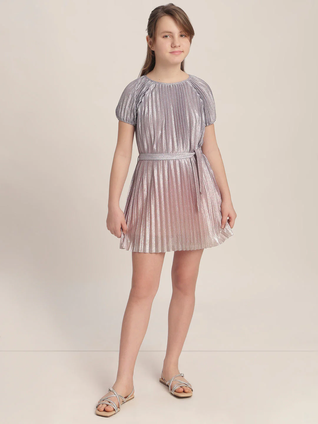 Girls Pleated Metallic Dress - Image 5