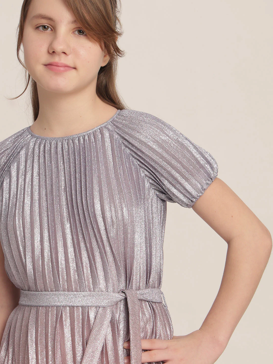 Girls Pleated Metallic Dress - Image 6