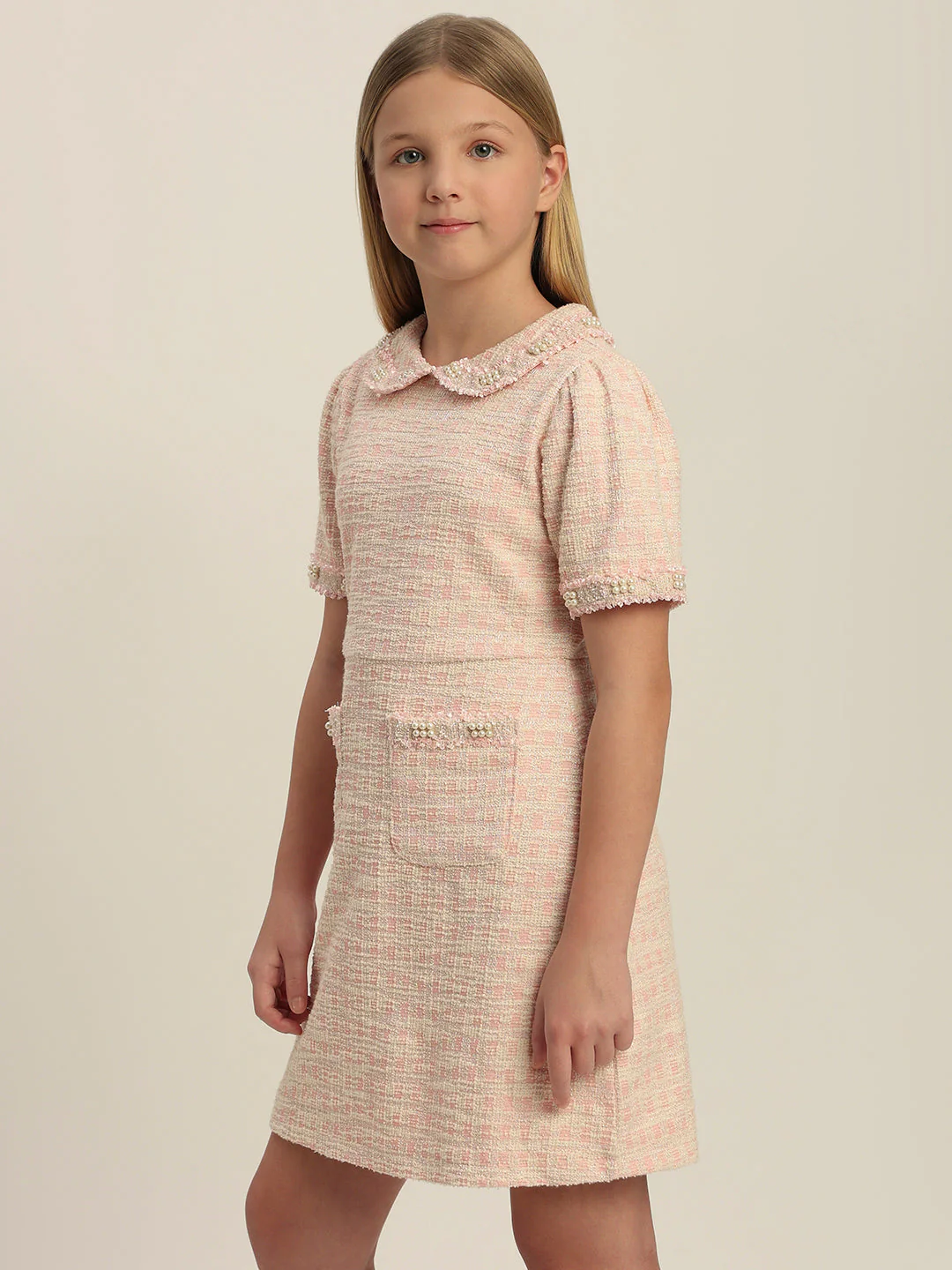 Girls Textured Pearl Embellished Dress - Image 3