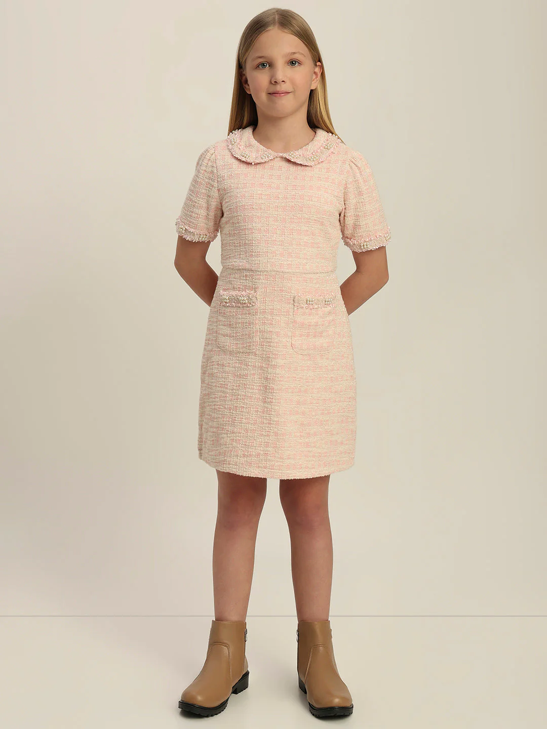 Girls Textured Pearl Embellished Dress - Image 5