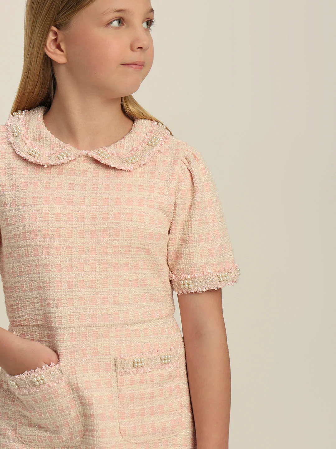 Girls Textured Pearl Embellished Dress - Image 6