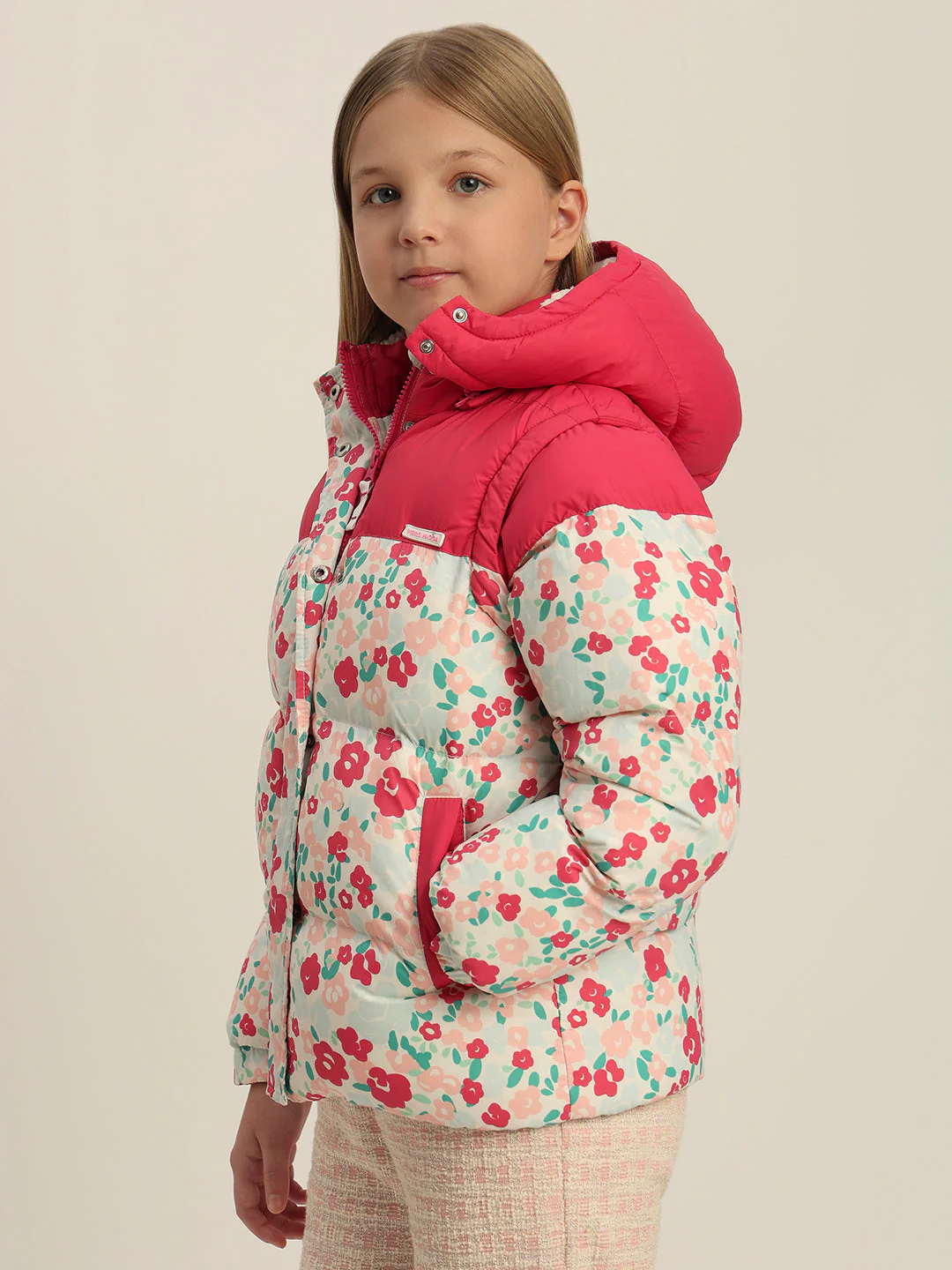 Girls Pink Printed Hooded Puffer Jacket - Image 3
