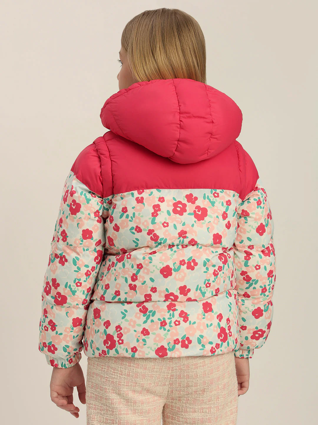 Girls Pink Printed Hooded Puffer Jacket - Image 4