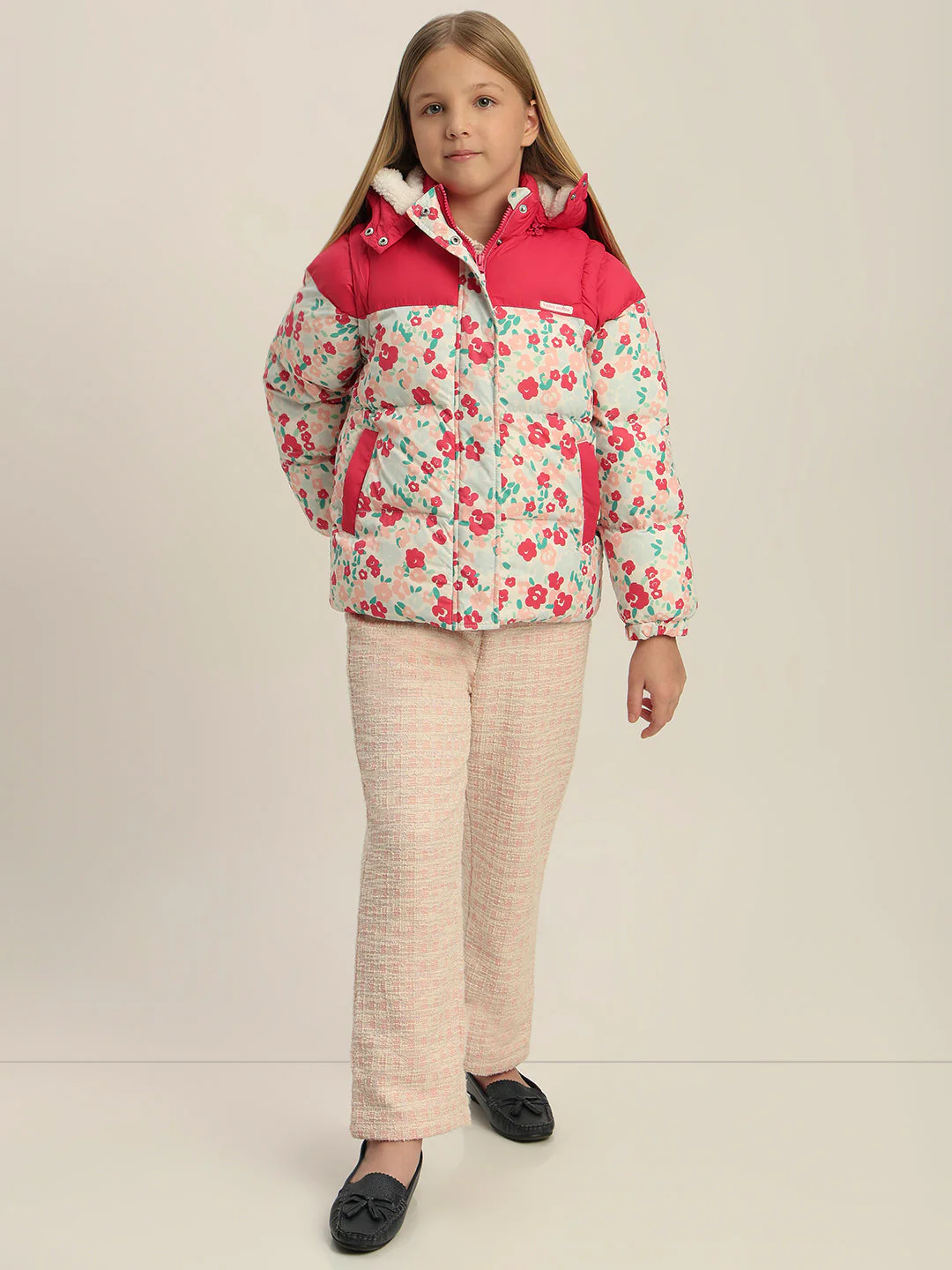 Girls Pink Printed Hooded Puffer Jacket - Image 5