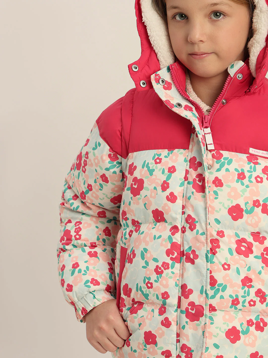 Girls Pink Printed Hooded Puffer Jacket - Image 6