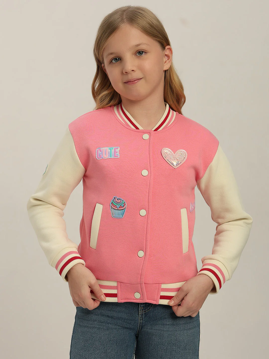 GIRLS Pink Printed Varsity Jacket - Image 2