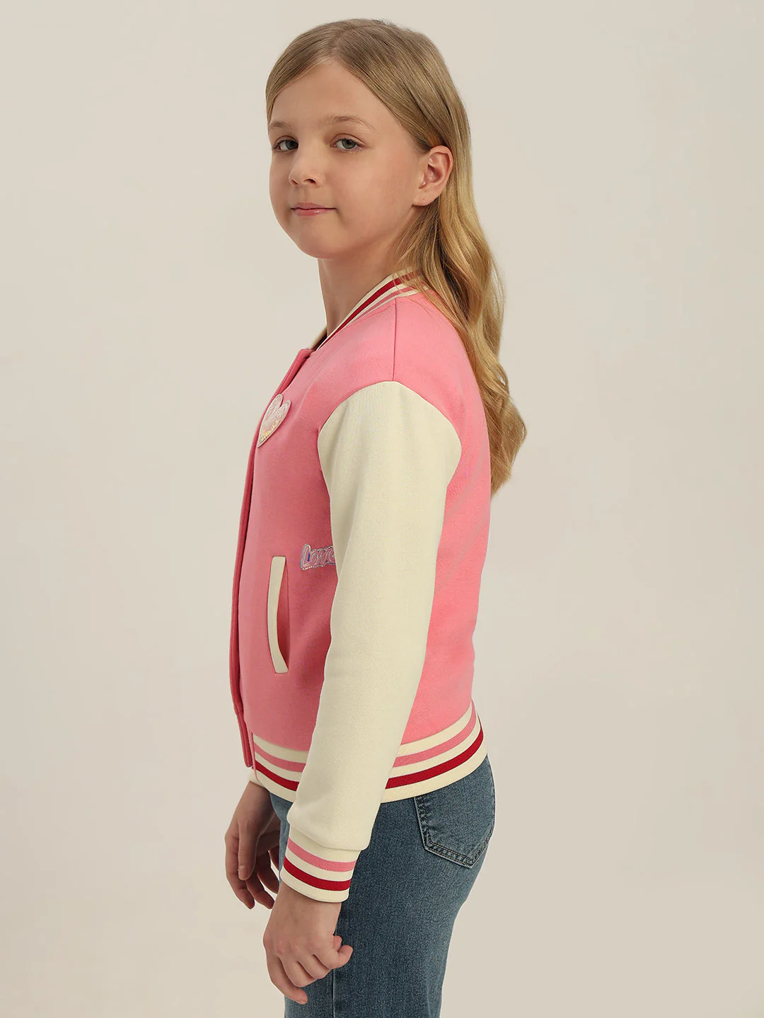 GIRLS Pink Printed Varsity Jacket - Image 3