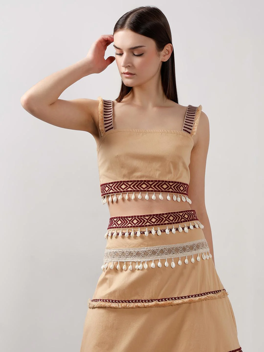 Vero Moda Beige Shell Tassels Cotton Crop Top - Image 2