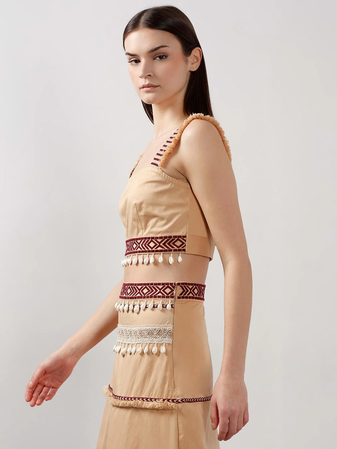 Vero Moda Beige Shell Tassels Cotton Crop Top - Image 4
