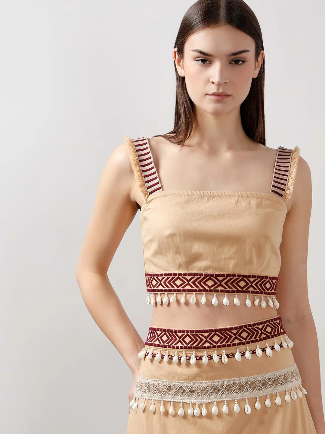 Vero Moda Beige Shell Tassels Cotton Crop Top - Image 6