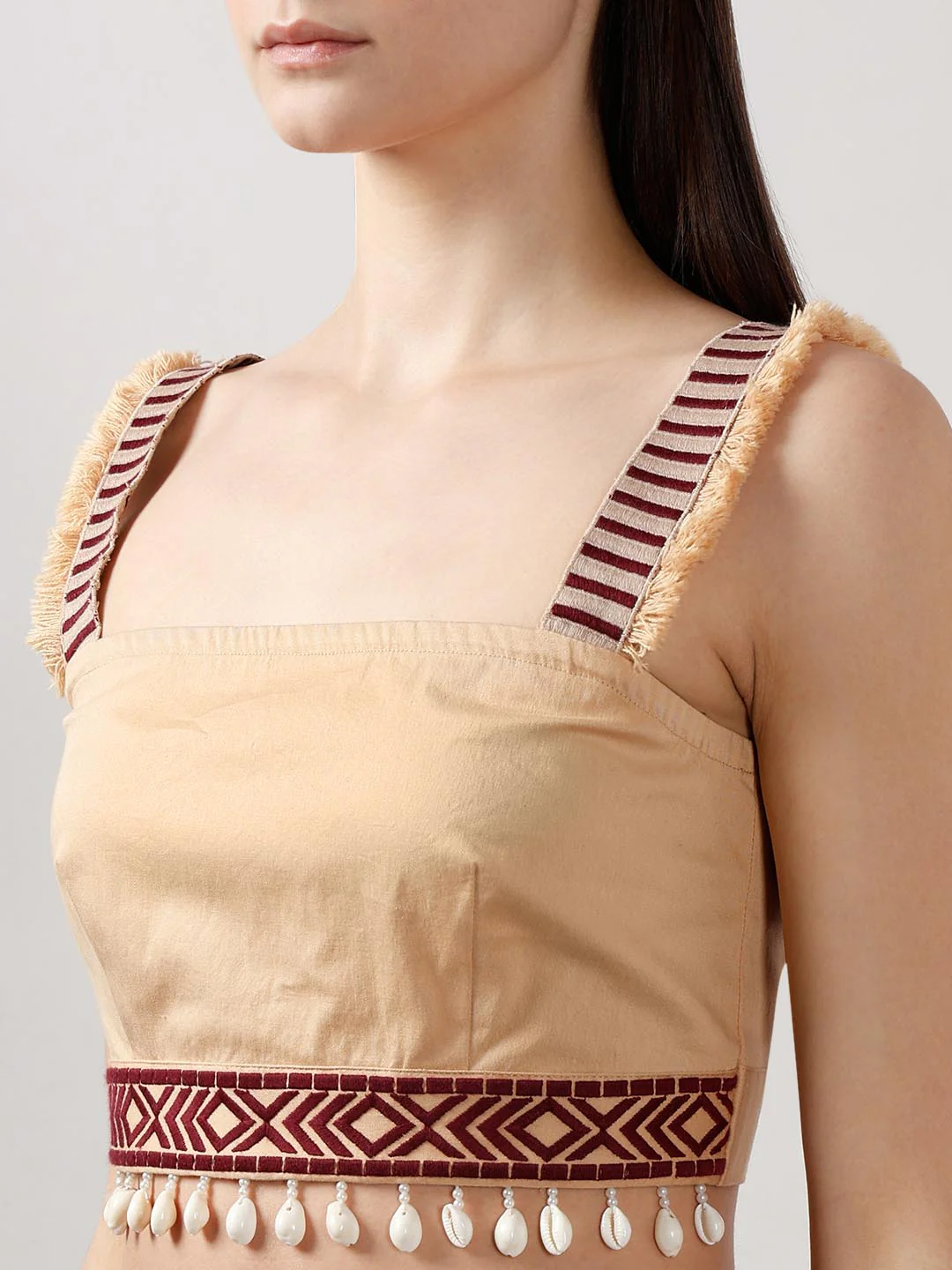 Vero Moda Beige Shell Tassels Cotton Crop Top - Image 8