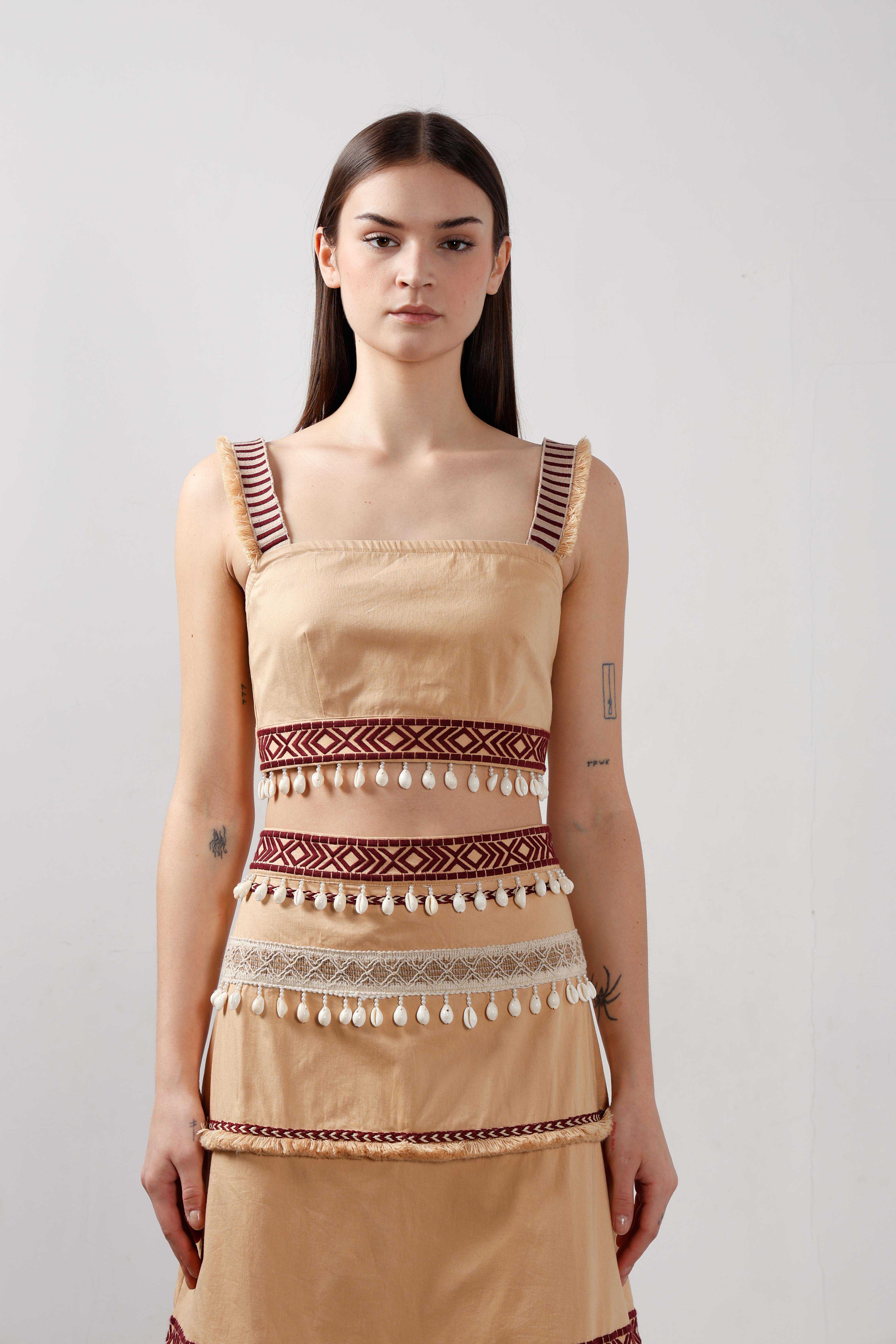 Vero Moda Beige Shell Tassels Cotton Crop Top - Image 9