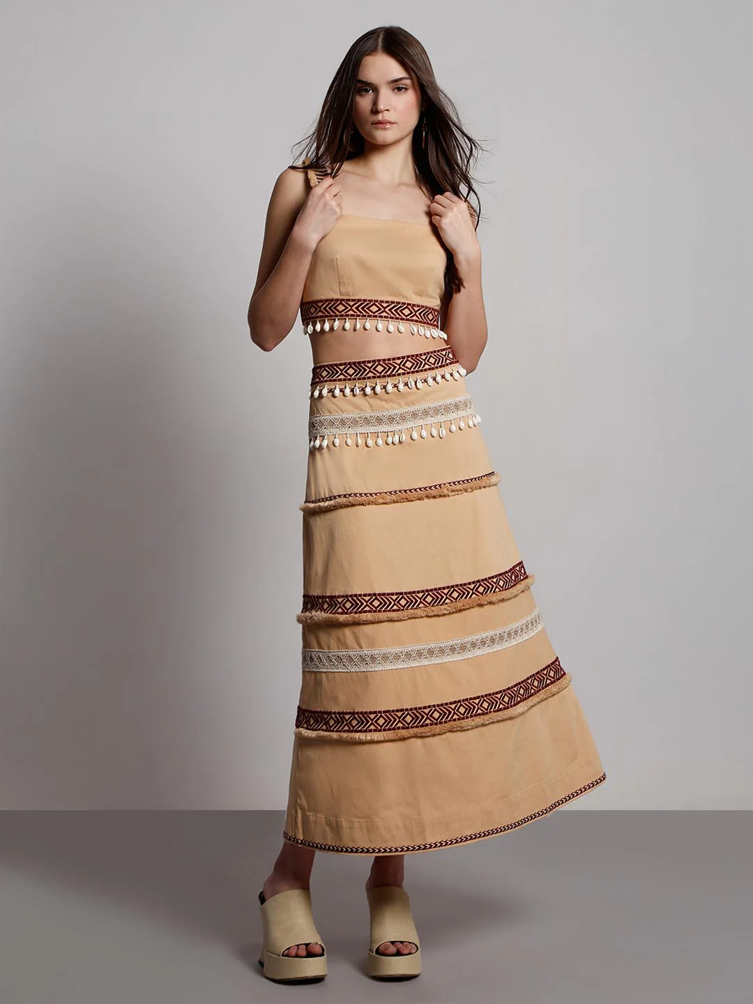 Vero Moda Beige Shell Tassels Midi Skirt