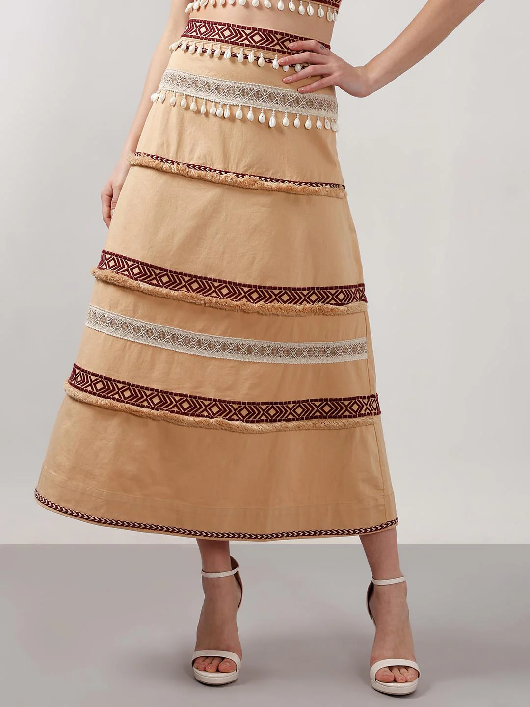 Vero Moda Beige Shell Tassels Midi Skirt - Image 2