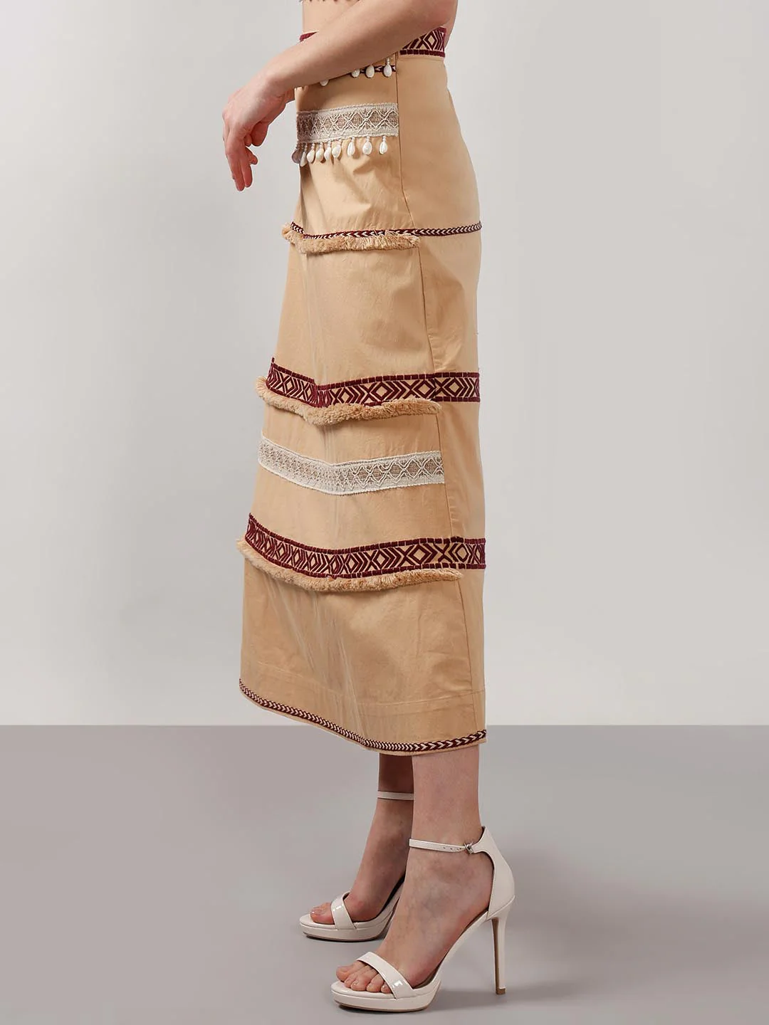 Vero Moda Beige Shell Tassels Midi Skirt - Image 4