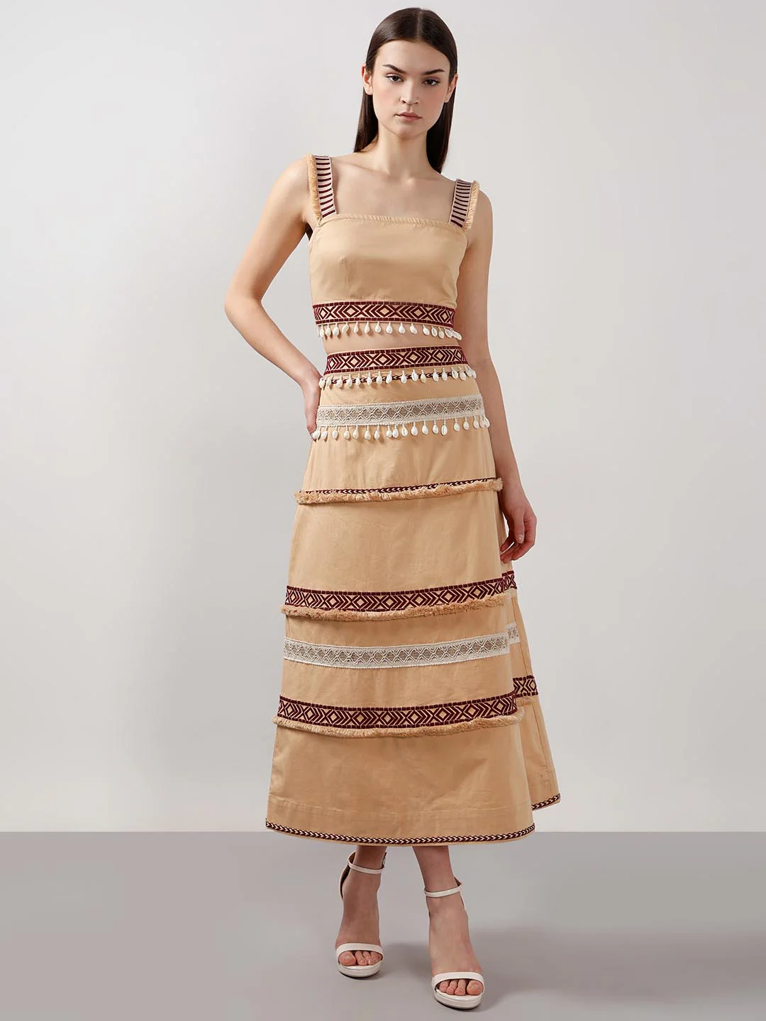 Vero Moda Beige Shell Tassels Midi Skirt - Image 5
