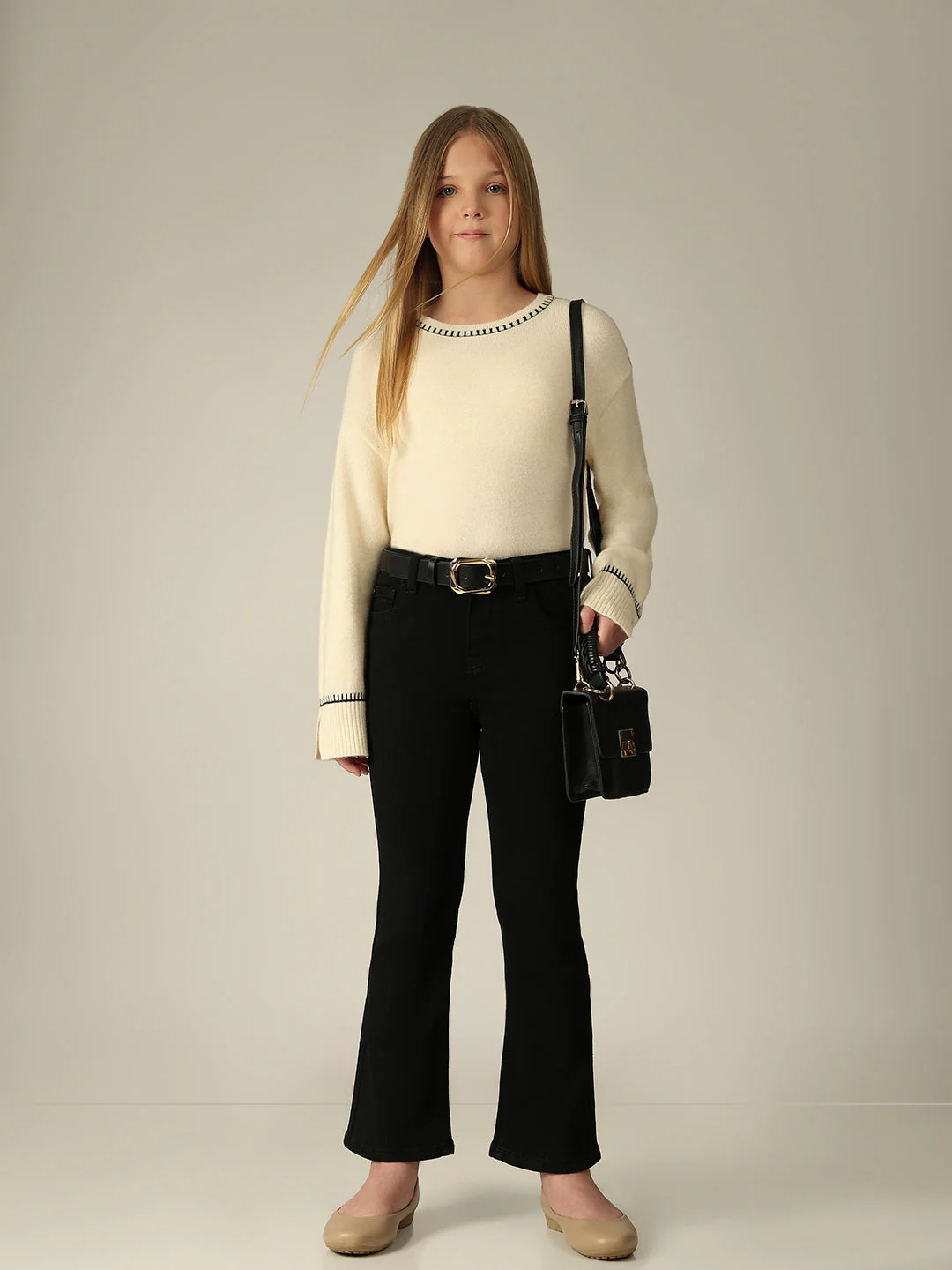 Girls Black Cotton Flared Jeans