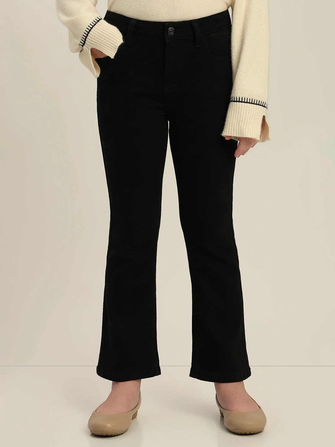 Girls Black Cotton Flared Jeans - Image 2