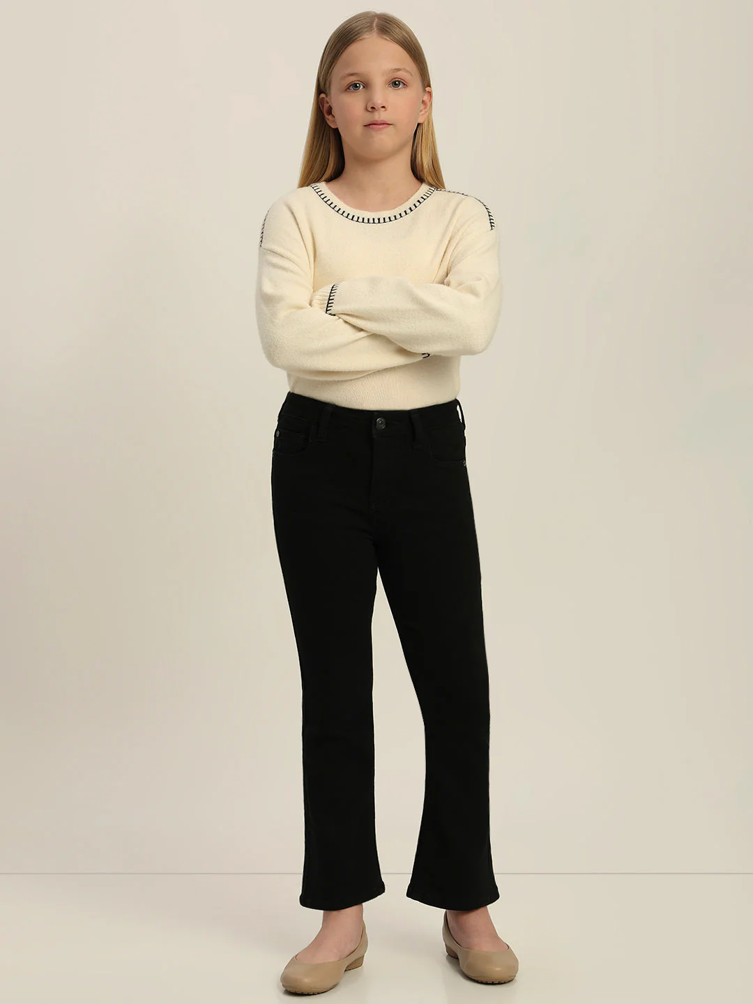 Girls Black Cotton Flared Jeans - Image 5