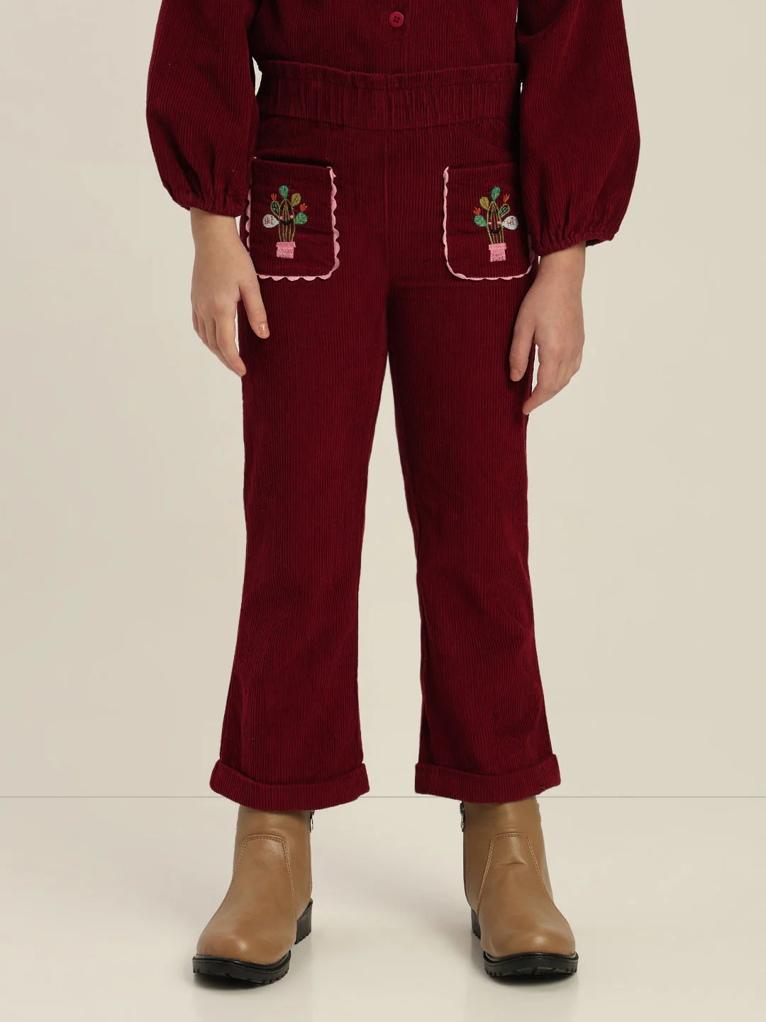 GIRLS Maroon Embroidered Corduroy Pants - Image 2