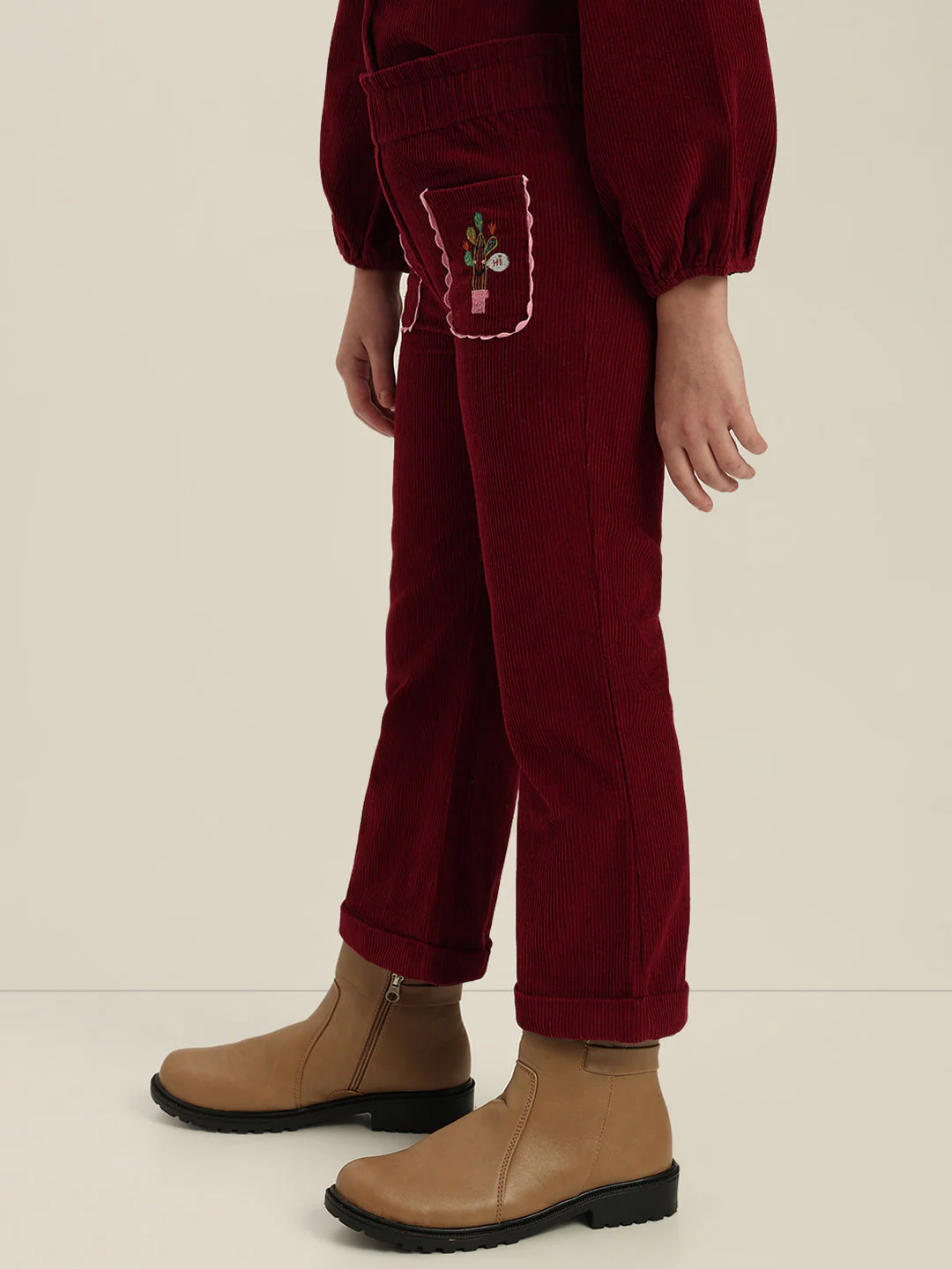 GIRLS Maroon Embroidered Corduroy Pants - Image 3