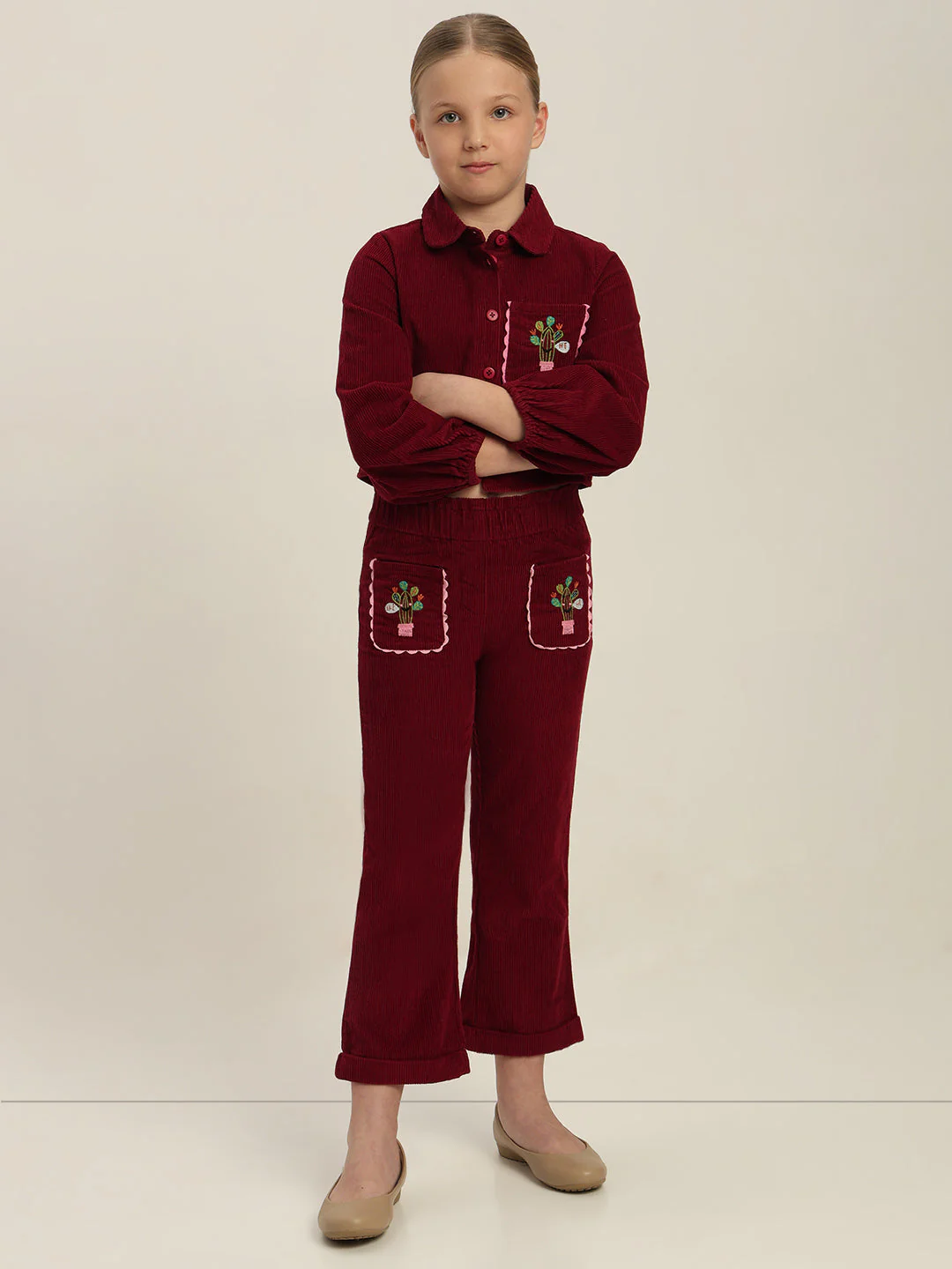 GIRLS Maroon Embroidered Corduroy Pants - Image 5