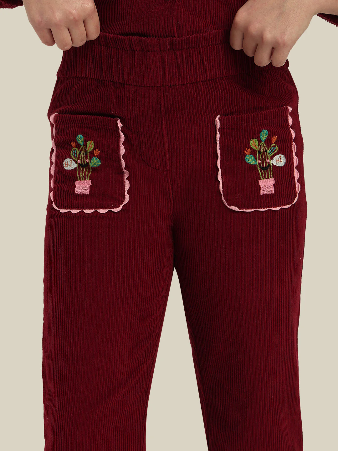 GIRLS Maroon Embroidered Corduroy Pants - Image 6