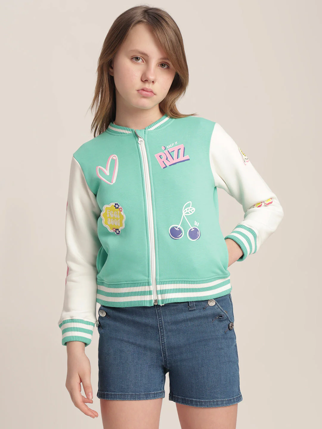 Girls Green Varsity Bomber Jacket - Image 2
