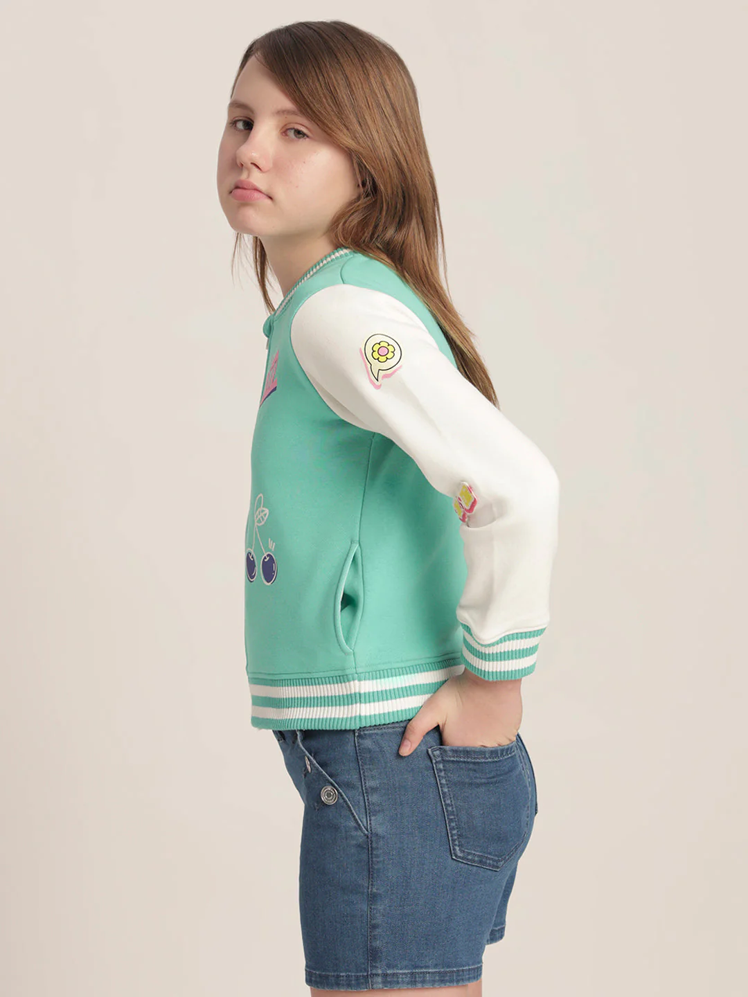 Girls Green Varsity Bomber Jacket - Image 3