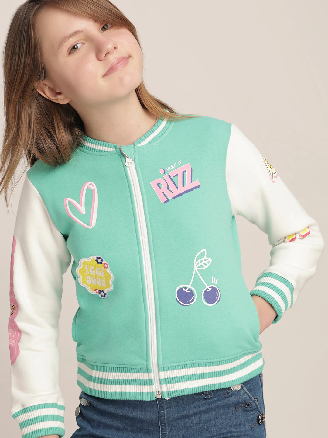 Girls Green Varsity Bomber Jacket - Image 6