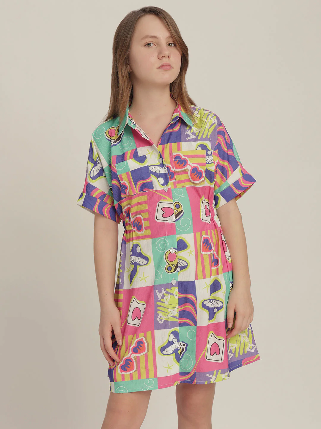 Girls Comic Block Print Shirt Dress - Image 2