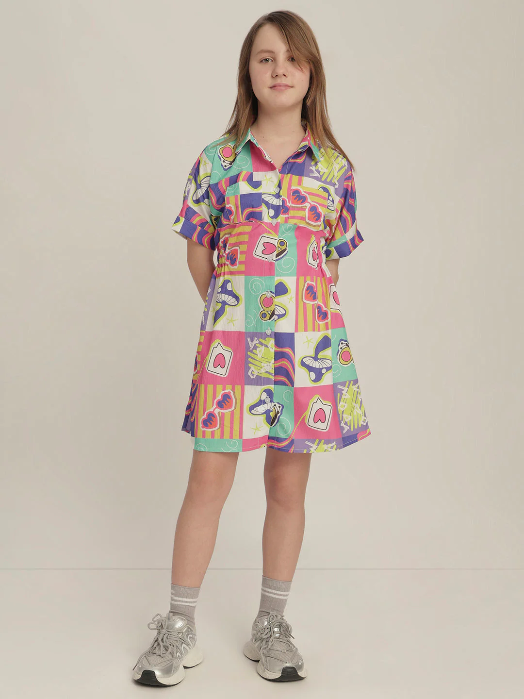 Girls Comic Block Print Shirt Dress - Image 5